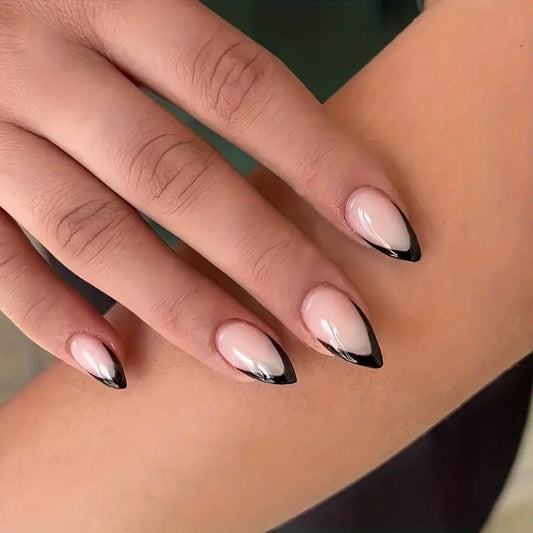 French Nude Black Tip Press On Nails