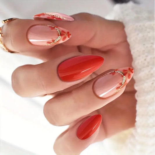 Glossy Medium Almond Red Floral Nails