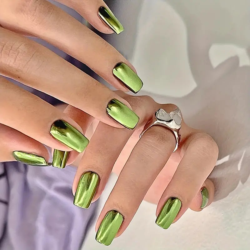 Metallic Green Chrome Nails