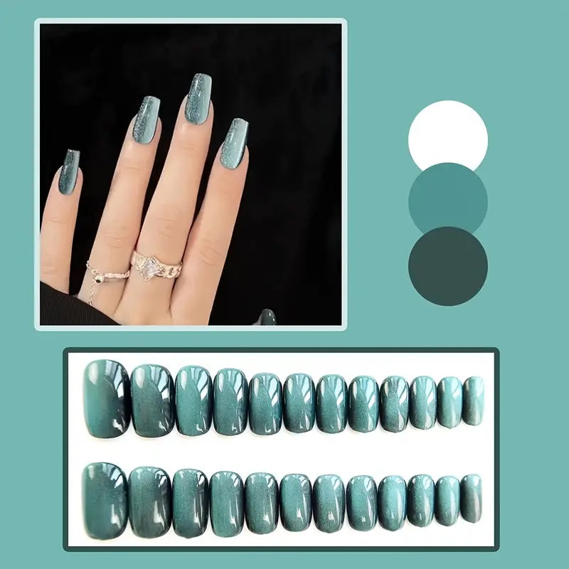 Blue-Green Cat's Eye Fake Nails