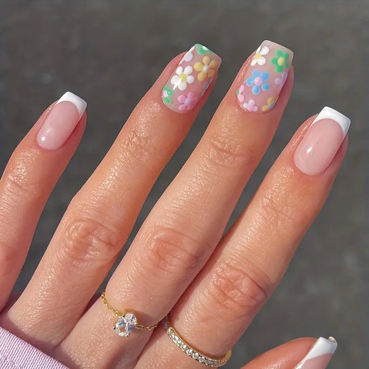 White French Press On Nails with Flowers