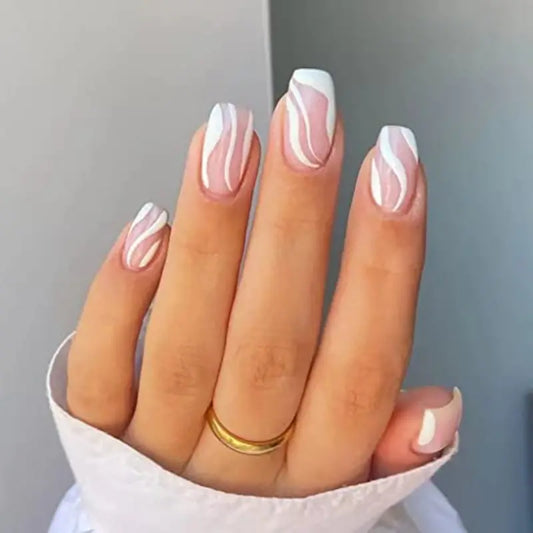 Swirl Square Nails White Geometry