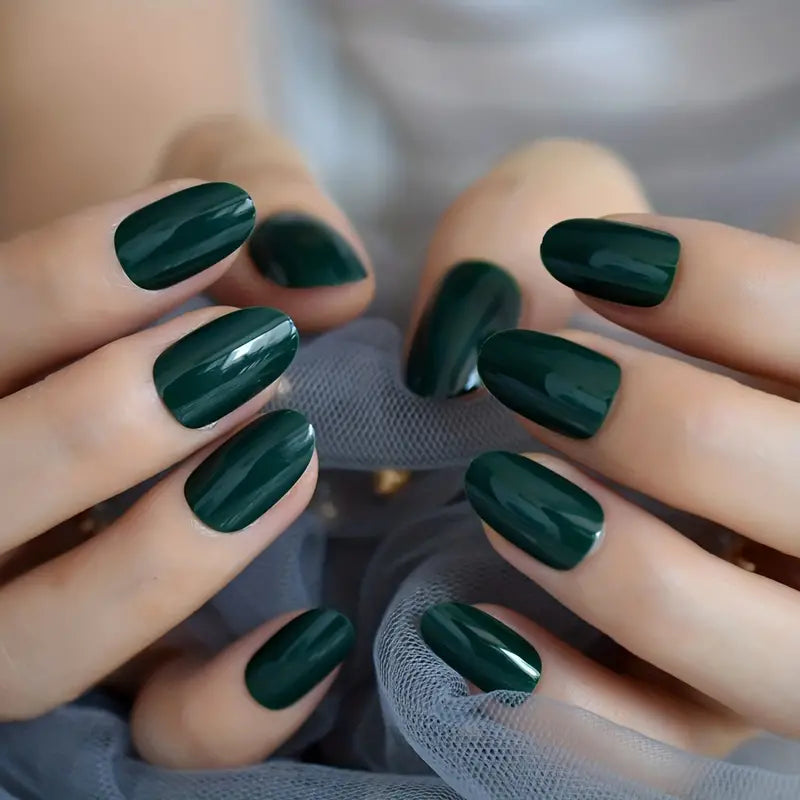 Dark Green Oval Press On Nails