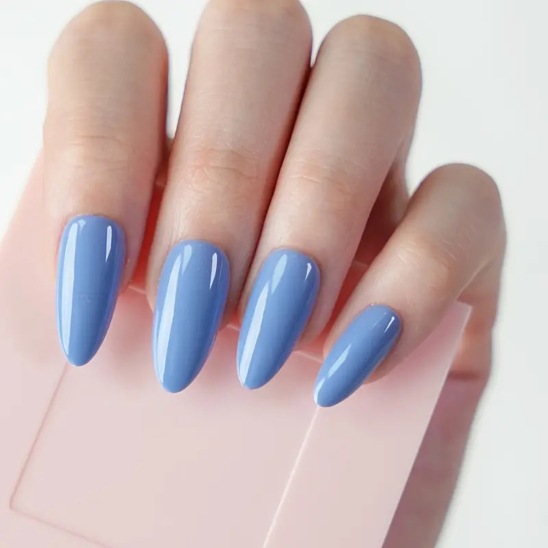 Glossy Light Blue Almond Nails