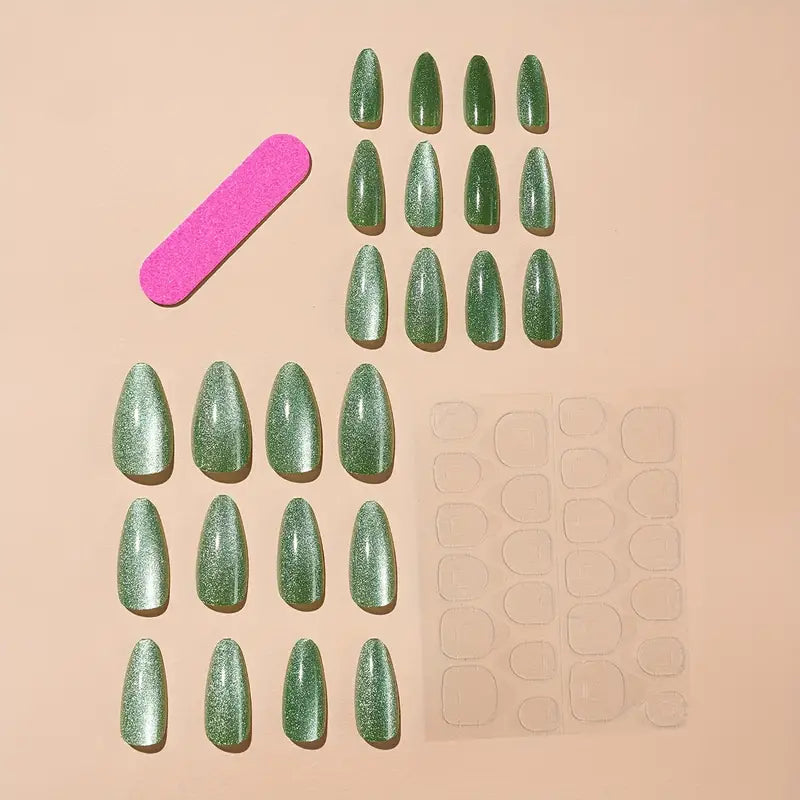 Almond Green Cat Eye False Nails