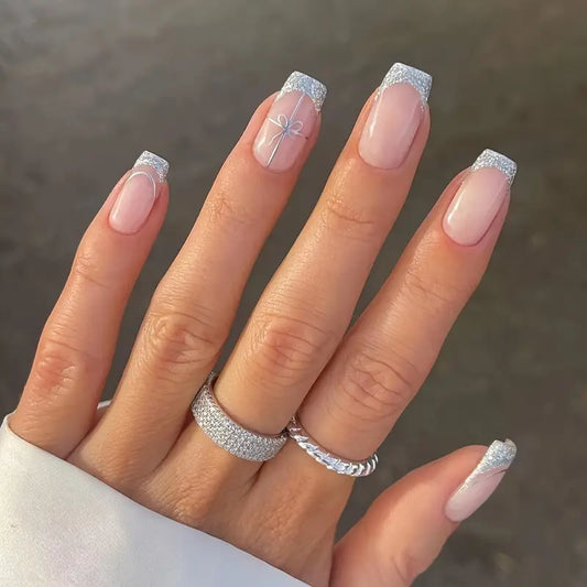 Silvery Glitter French Tip Nails