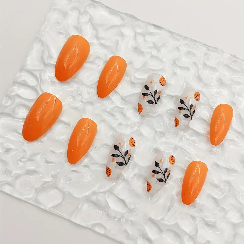 Almond White Orange Lily Nails