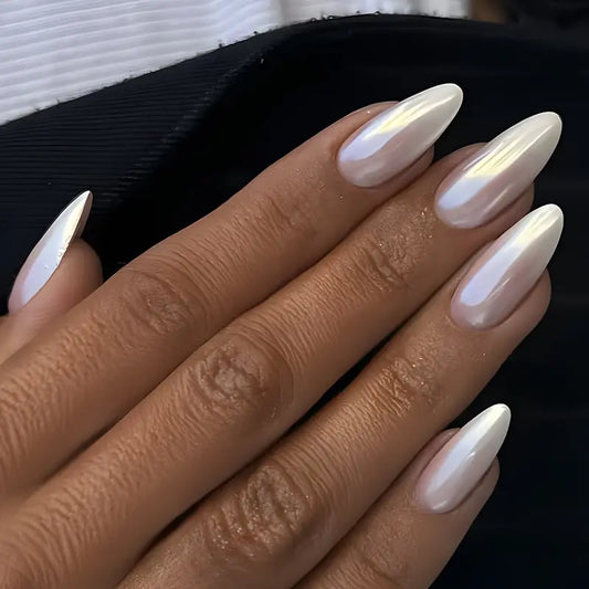 White Almond Chrome Luxury Nails