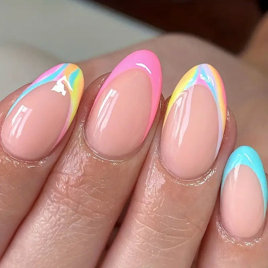 Glossy Medium Oval French Tip Nails