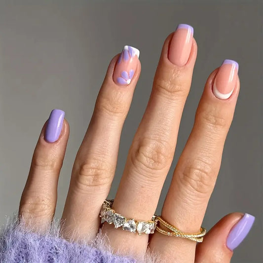 Purple Flower Patterned Square Nails