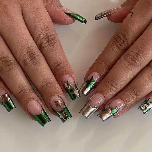 Metallic Green Silver French Tip Nails