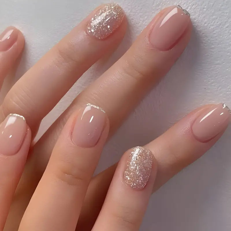 Nude Glitter French Tip Nails