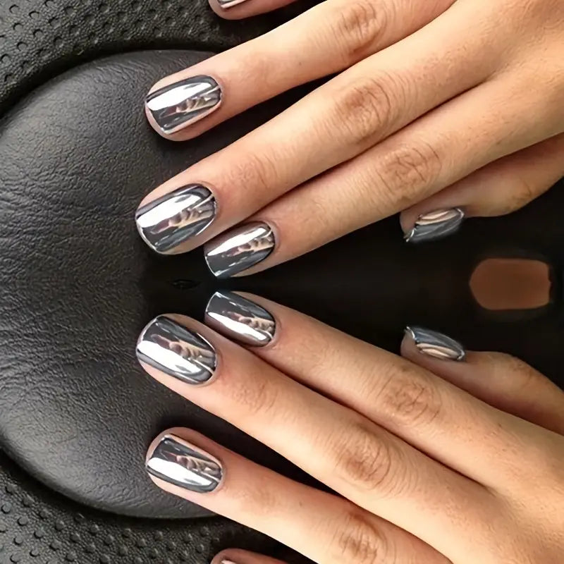 Shiny Silvery Acrylic Nails