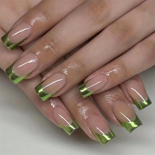 Glossy Pink & Green Square Nails