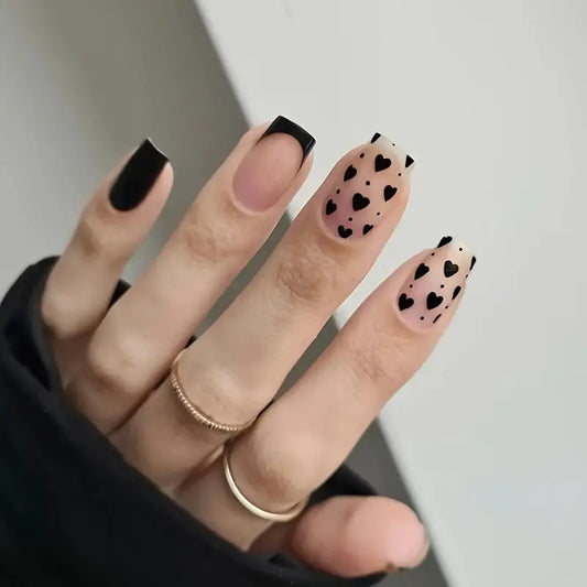 Black Square Press On Nails with Heart