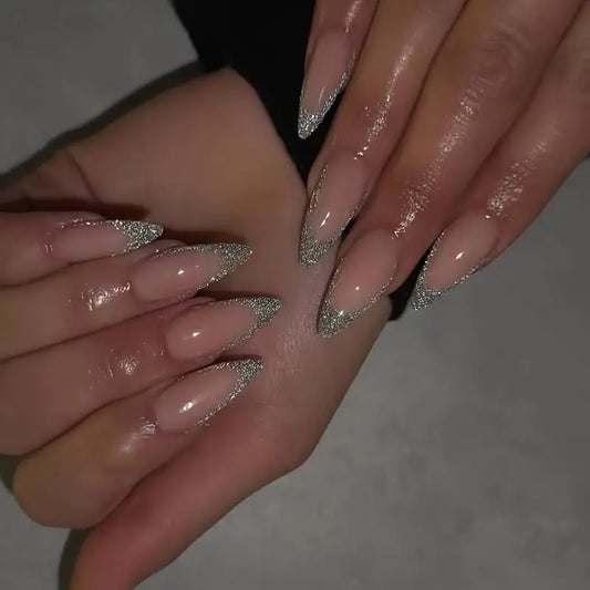 Pinkish false nails with silvery