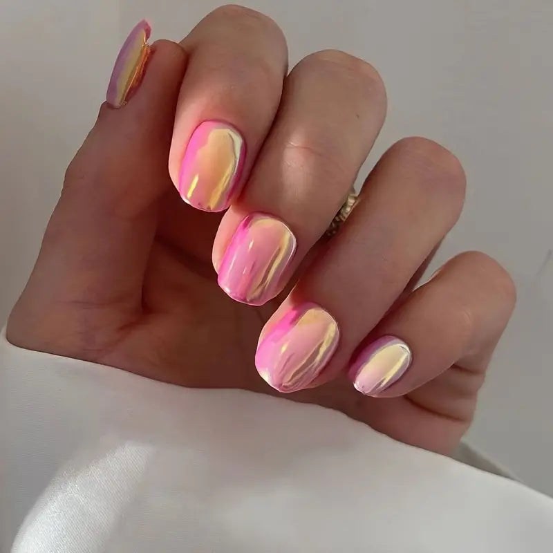 Shiny metallic pinkish chrome fake nails