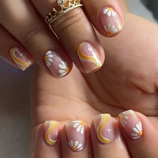 Warm Yellow Stripe and Daisy Nails