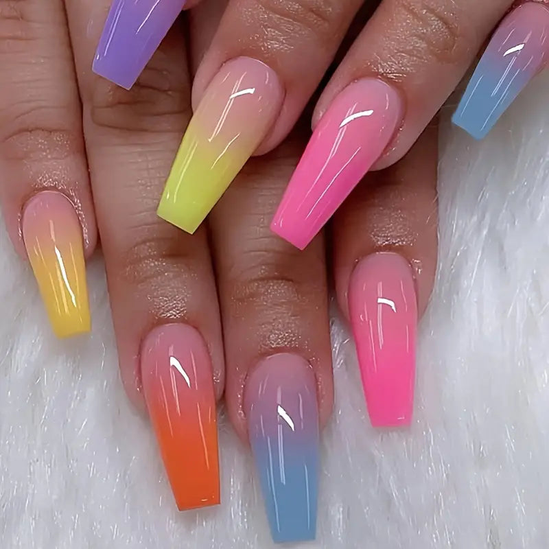 Glossy Rainbow Gradient Nails