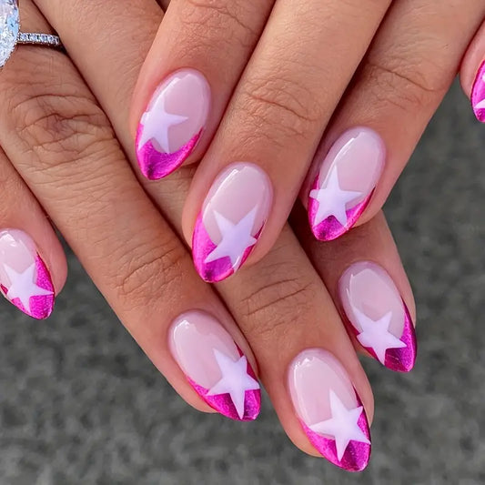 Glossy Oval Acrylic Nails Star Detail