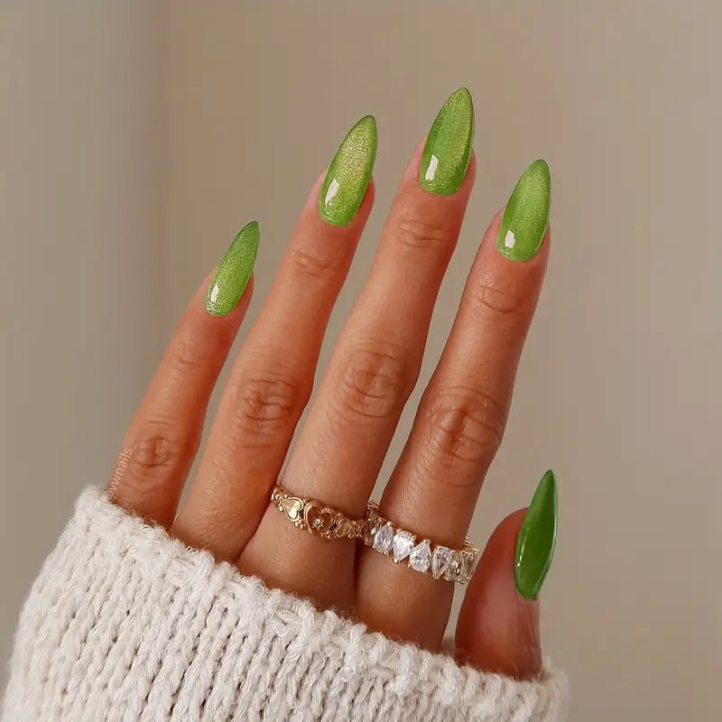 Almond Green Cat Eye False Nails