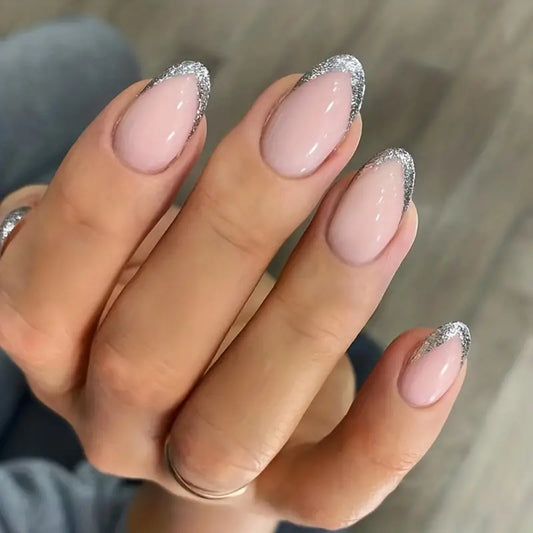 Silvery Glitter French Tip Press On Nails