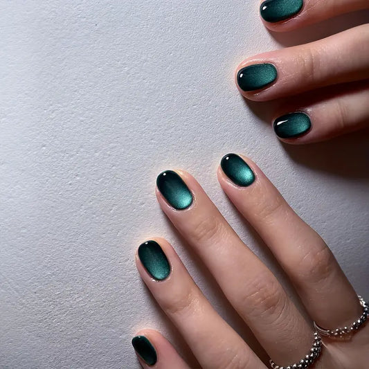 Dark Green Cat Eye Oval Nails