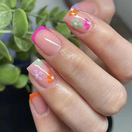 Colorful Floral Short Square Nails