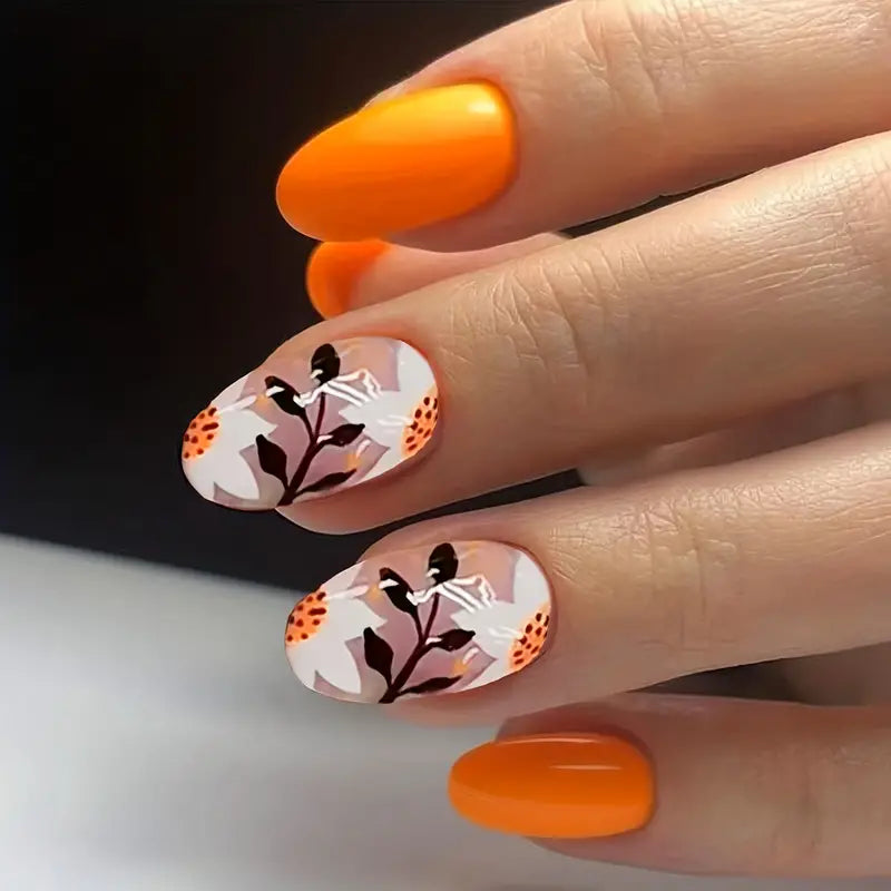 Almond White Orange Lily Nails