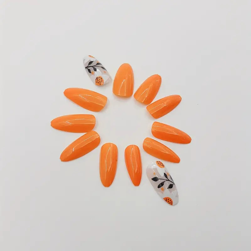 Almond White Orange Lily Nails