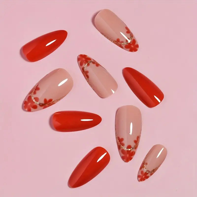 Glossy Medium Almond Red Floral Nails