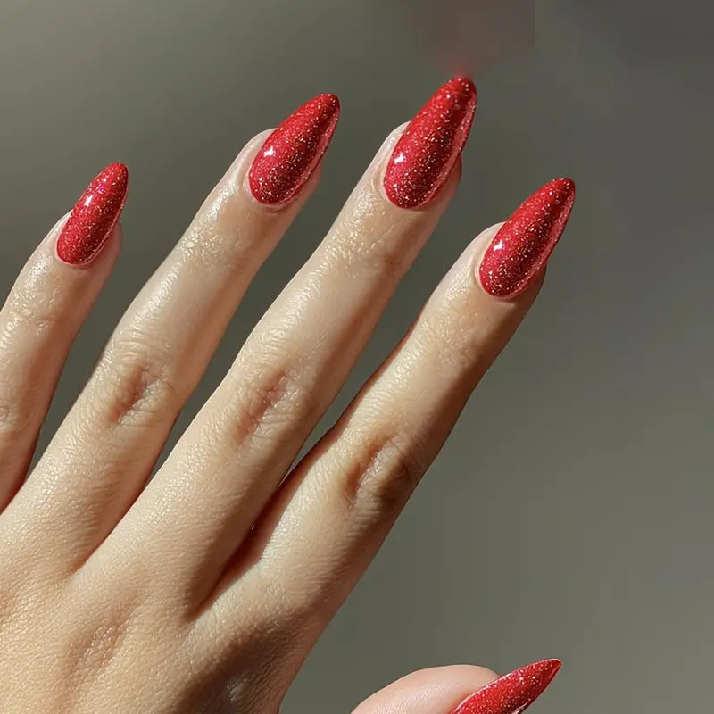 Glitter Flash Red Almond Nails