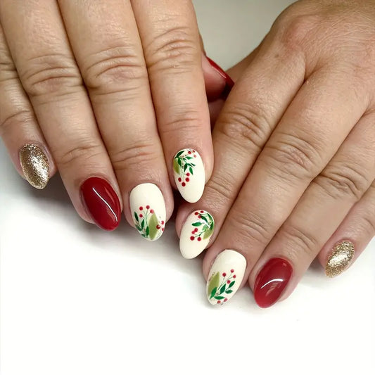 Glossy Short Almond Red Plant Nails