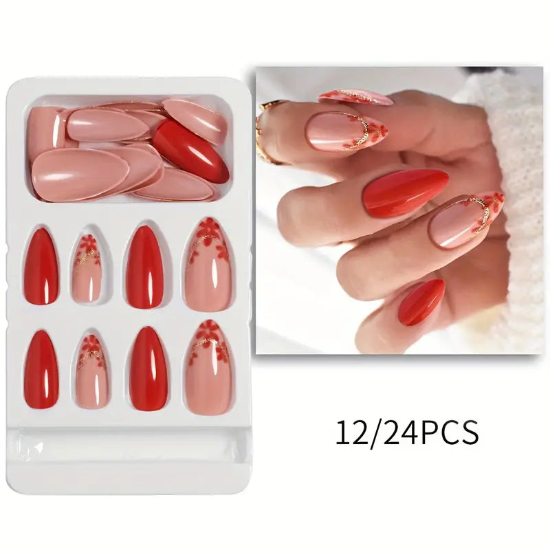 Glossy Medium Almond Red Floral Nails