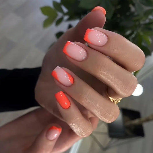 Short Square Orange French Tip Press On Nails