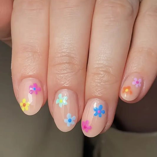 Spring Short Oval Colorful Flower Nails