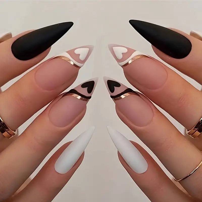 Matte Black White And Nude Nails