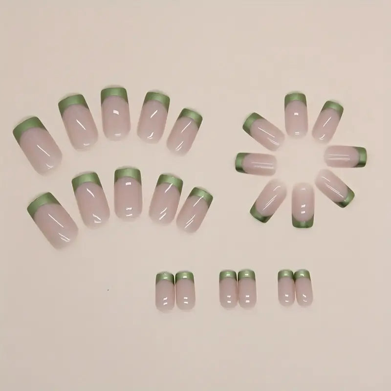 Glossy Pink & Green Square Nails