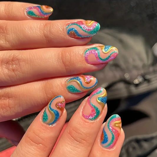 Almond Colorful Wave Stripes Nails