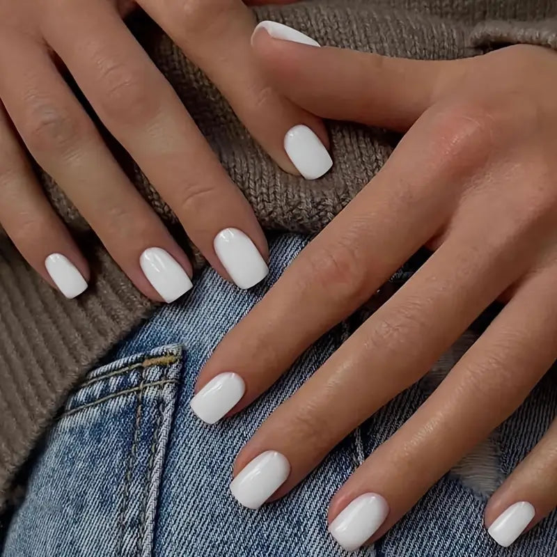 Shiny Solid White Short Nails