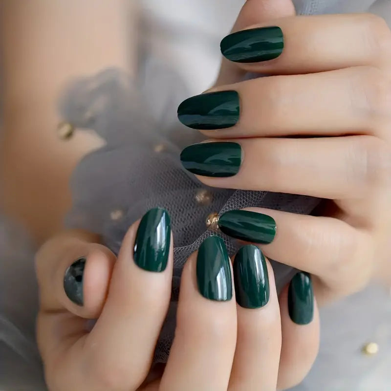 Dark Green Oval Press On Nails