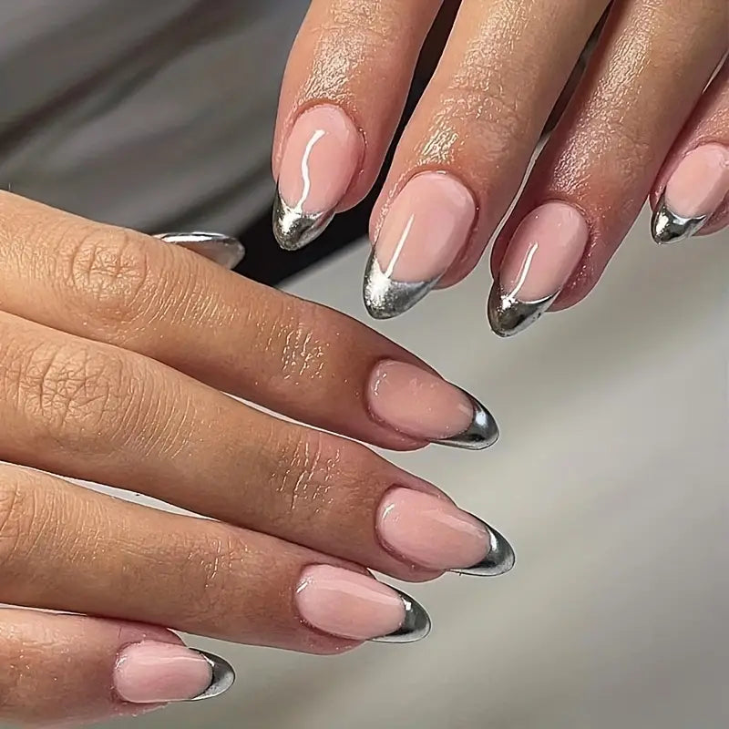 Pink Press On Nails with Silvery Tips