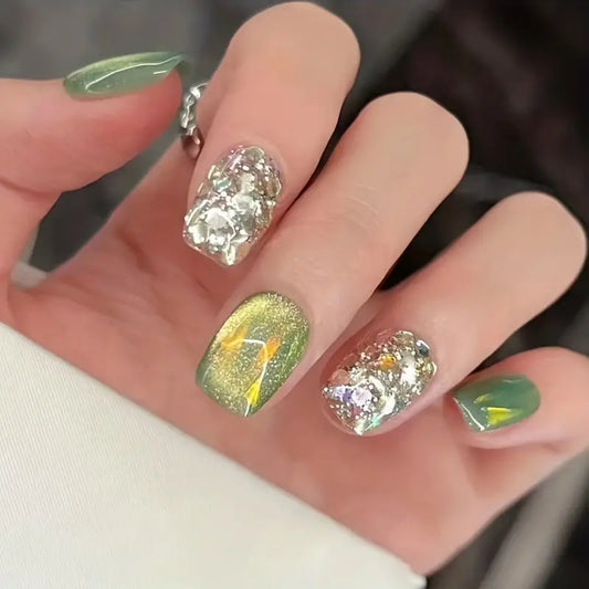 Shiny Green Cat Eye Press On Nails