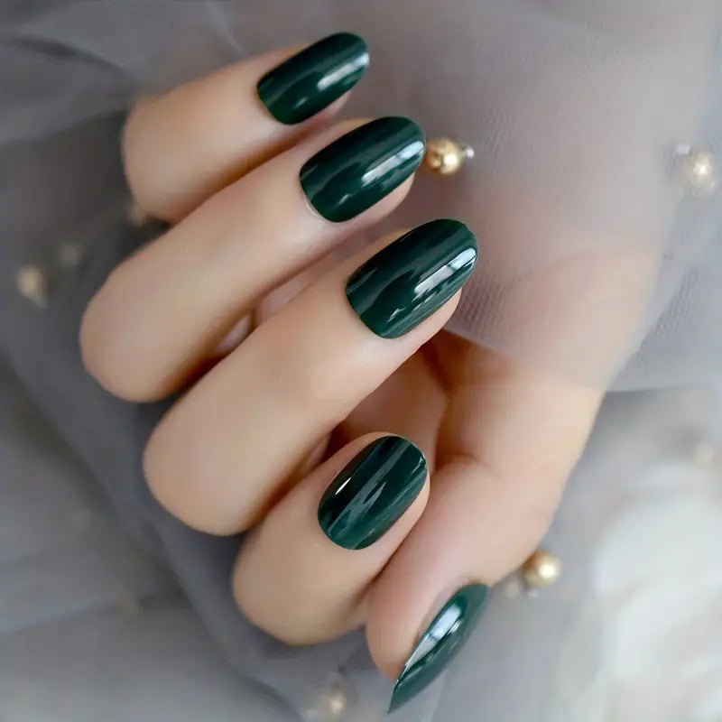 Dark Green Oval Press On Nails