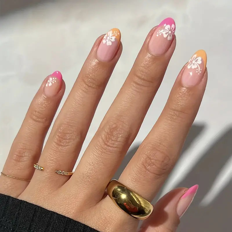 Almond Pink Orange Press On Nails