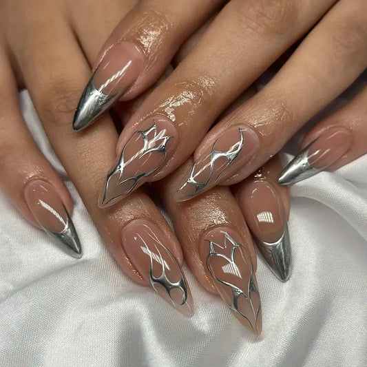 Glossy Nude Press Silvery Stripe Nails