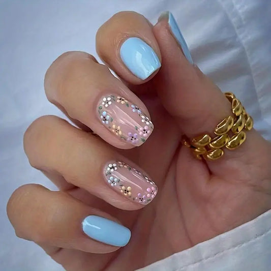 Pure Blue Nails with Floral Design