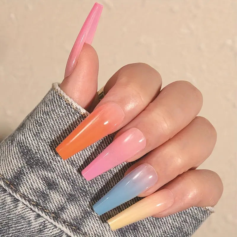 Glossy Rainbow Gradient Nails