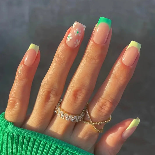 Square Nails with Green and Yellow