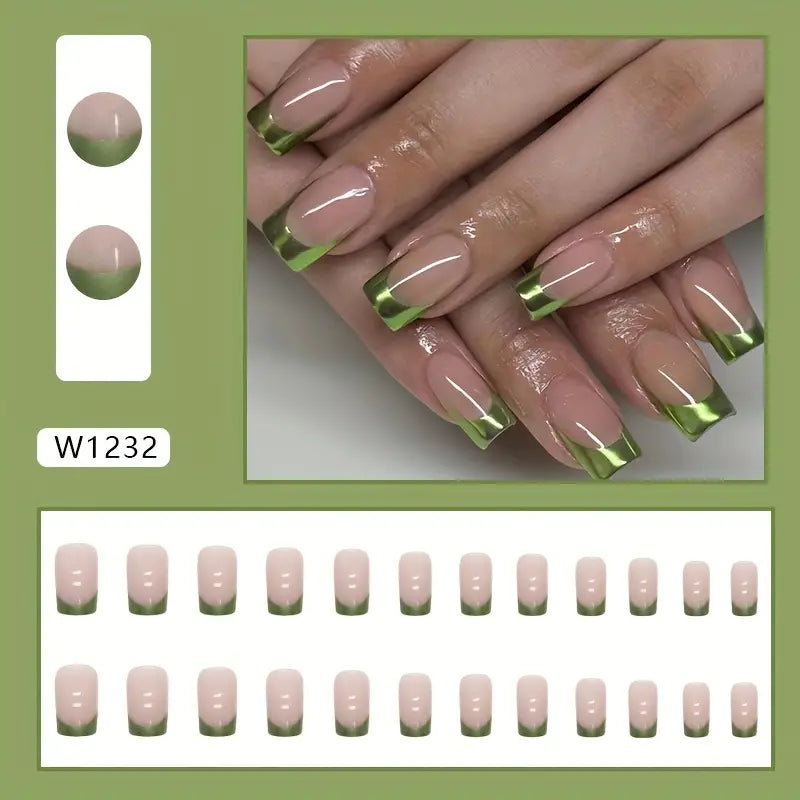 Glossy Pink & Green Square Nails